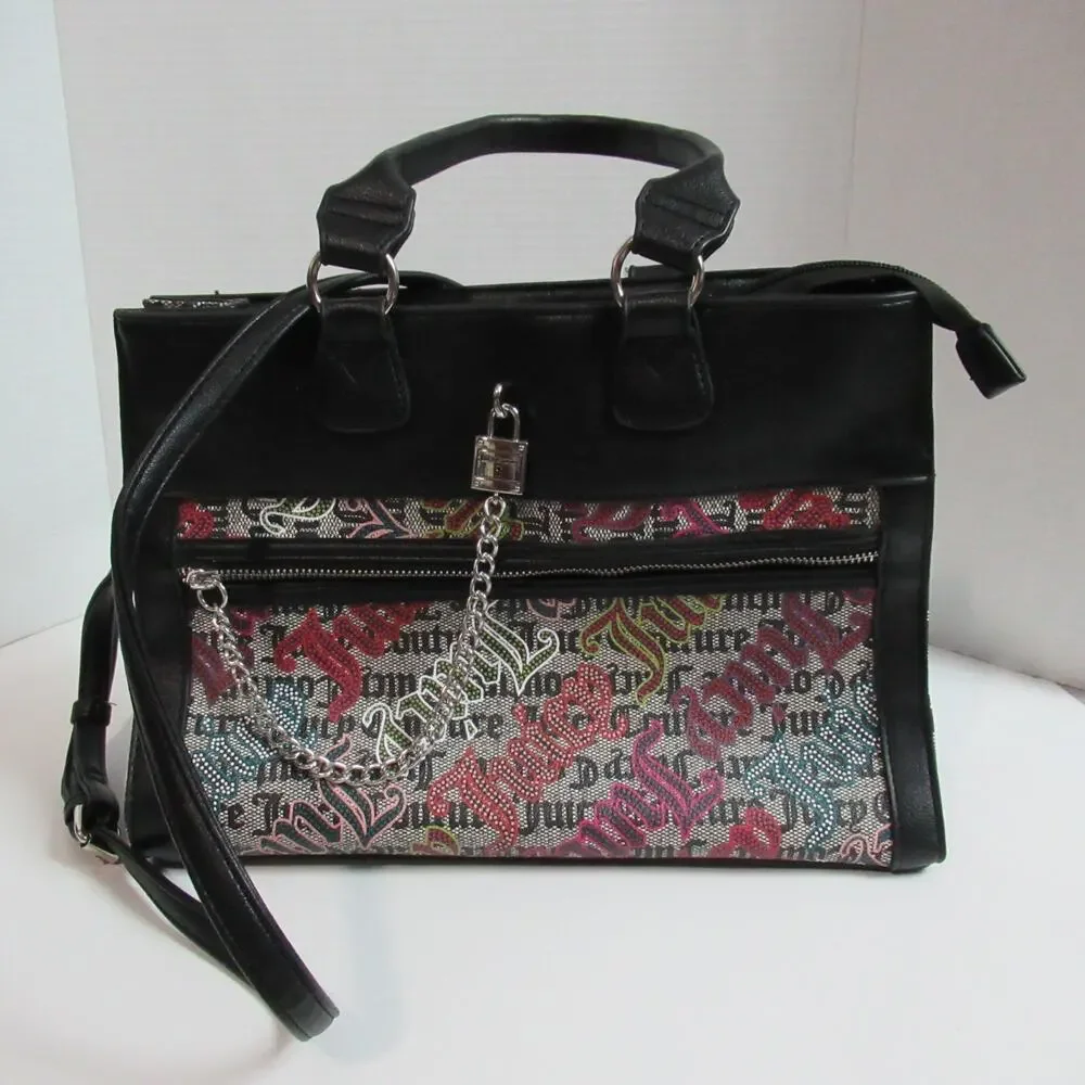 Juicy Couture Handbag Black Beige Lock N Chain Tote Bag Purse Punk Skater Y2K